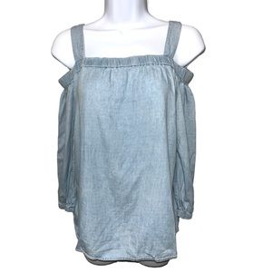Women's Girl Krazy Denim 3/4 Sleeve Cold Shoulder Top - S